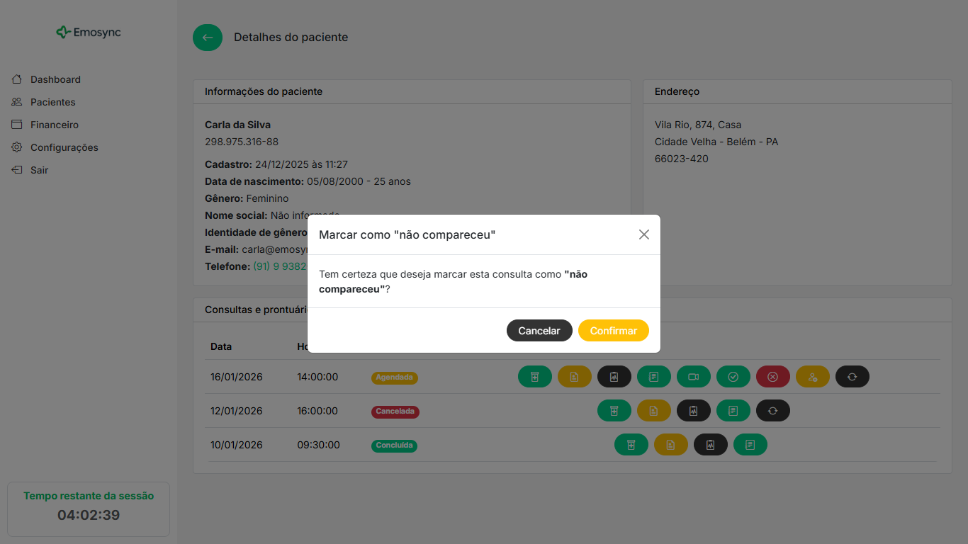 Marcar consulta como não compareceu
